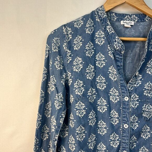 Splendid blue white floral print denim long sleeve button up shirt EUC size S - Picture 2 of 10